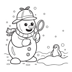 Snowman with magnifying glass and penguin coloring page