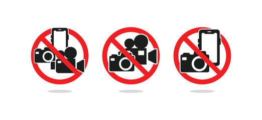 Prohibit sign of taking photo or movie and recording. No Photographing prohibition sign symbol icon. Video, photo, phone, prohibited logo pictogram
