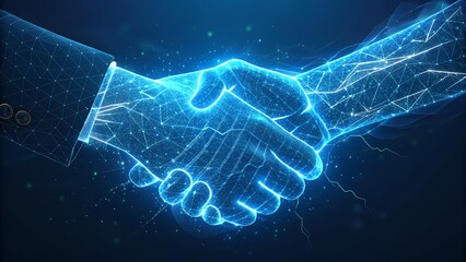 Modern Digital Handshake Blue Glowing Lines and Energy.