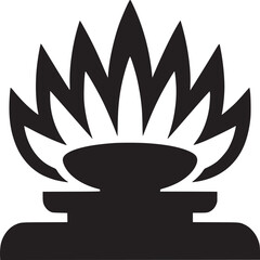 A black and white graphic illustration of a gas flame with a base on a white background design art