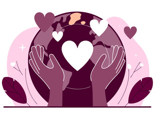 Hands cradling the Earth with hearts symbolizing love care and global unity in a flat design