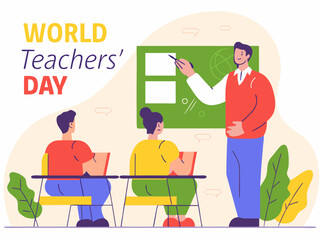 World Teachers Day illustration with teacher explaining lesson to students in classroom setting