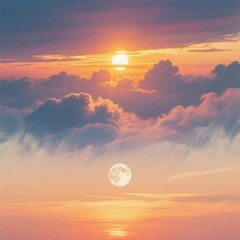 Sunset and Full Moon Above the Clouds