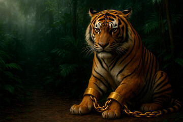 A tiger in golden shackles in the dark jungle. Space for text.