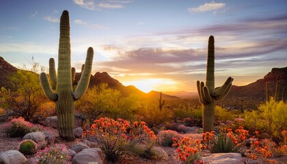 vibrant saguaro cactus with flowers and rocks in desert landscape