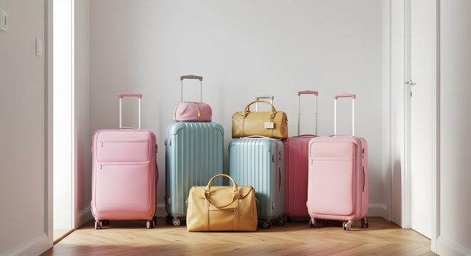 Colorful Travel Suitcases and Bags Arranged in Bright Modern Room