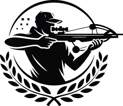 Silhouette of a hunter aiming a crossbow within a laurel wreath emblem