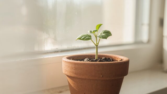 A small green plant in a terracotta pot sitting on a windowsill with a blurred window in background