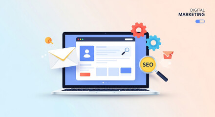 Laptop with seo magnifying glass and gears for digital marketing concept