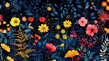 Floral Symphony: A Dark Backdrop Bursting with Vivid Colors and Botanical Diversity