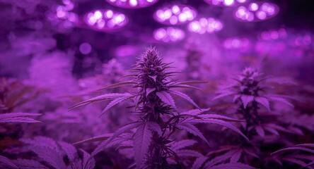 Close up shot of cannabis plants illuminated by purple grow lights in an indoor cultivation setup
