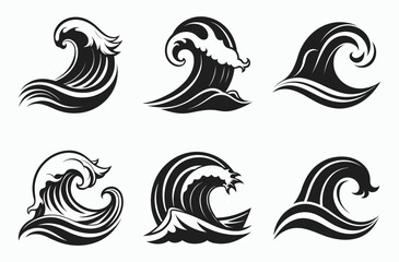 Ocean wave silhouette set, sea splash icon, water surf shape, vector illustration of a sea waves 