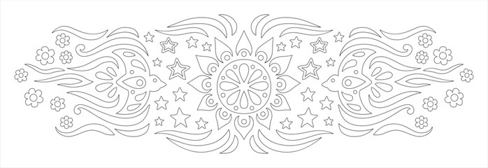 Mystical coloring book art with phoenix and sun