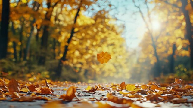 Vibrant fall leaves covering path, sunshine peeping through trees, tranquil autumn ambiance.