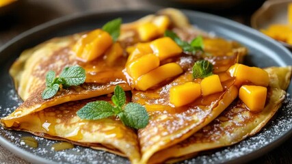 Vibrant fruit crepes drizzled with caramel syrup, garnished with fresh mint leaves. A delightful breakfast or snack option.