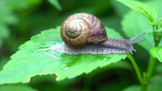 Snail on a leaf close up of a snail with a spiral shell resting on a vibrant green leaf, surrounded by blurred greenery