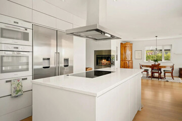 Modern luxury kitchen interior in minimal scandinavian style, 3d render
