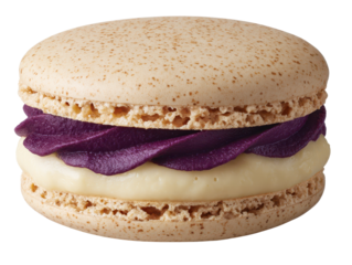 Delightful dessert featuring a creamy filling between two delicate macaron shells with an artistic touch of purple frosting
