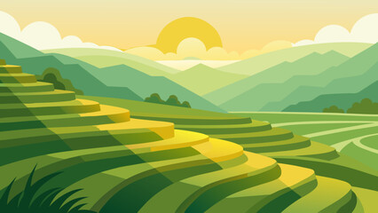 Obraz premium Green summer landscape with a field, blue sky, and distant hills