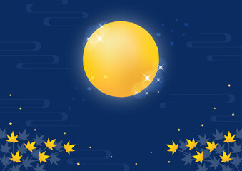 お月見の満月と秋の紅葉、月見の背景05