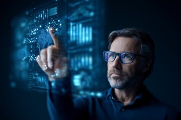 A man wearing glasses interacts with futuristic digital data and graphs projected on a transparent screen in a high-tech environment.