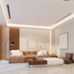 Fototapeta premium Modern Minimalist Living Room Interior with Wooden Accents and Cozy Lighting, Blurred 3d Rendering