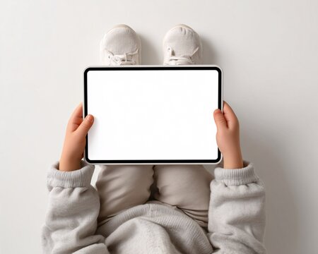 Tablet in Hand: Overhead shot of a child holding a digital tablet with blank display, highlighting the simplicity and modern technology