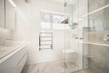 Modern bathroom interior in minimal scandinavian style, 3d render