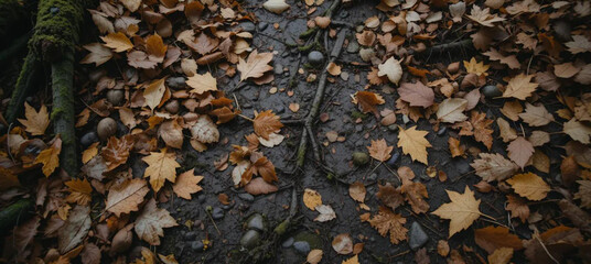 "Autumn Ground Texture: Fallen Leaves, Twigs, and Small Rocks on Damp Forest Earth"