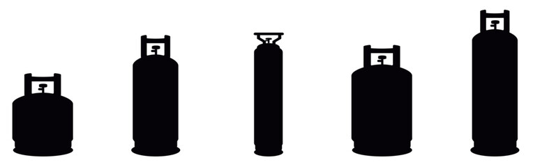 Gas cylinders vector. Diving cylinders icons set vector. A collection of black and white icons of various types of gas cylinders. The collection includes a variety of shapes and sizes. Vector illustra