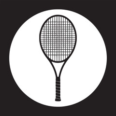A black and white vector illustration of a tennis racket inside of a white circle on black background