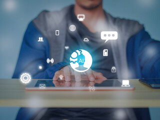 Businessman using smartphone or laptop, tablet for search browsing internet,digital marketing and...