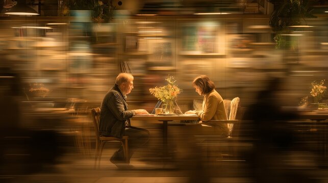 Cozy Cafe Moment: Captured from a dynamic perspective, a couple, engaged in an intimate conversation at a small table in a cozy café, the ambient light and motion blur create a captivating.