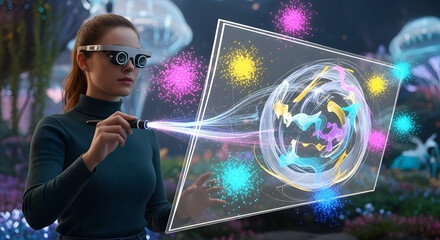 Innovative designer using ar interface to develop immersive digital artwork within augmented