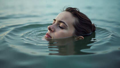 Young woman peacefully floating in water with serene expression and soft ripples
