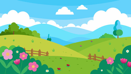 Naklejka premium A vibrant cartoon summer and spring landscape with mountains, green grass, and a blue sky dotted with clouds and sun