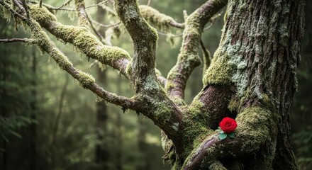 A single red rose blooms on a mosscovered ancient tree