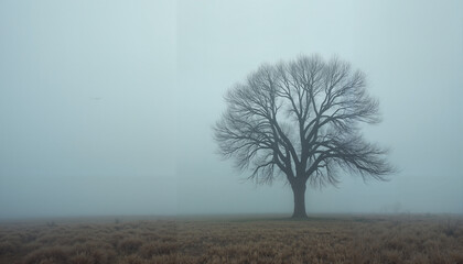 Lonely tree silhouette in foggy landscape with soft muted colors and quiet atmosphere
