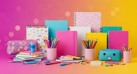 Colorful stationery assortment featuring notebooks pencils and pencil cases on bright background
