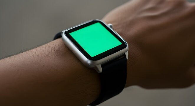 Smartwatch on wrist with blank green screen for mockup or display use