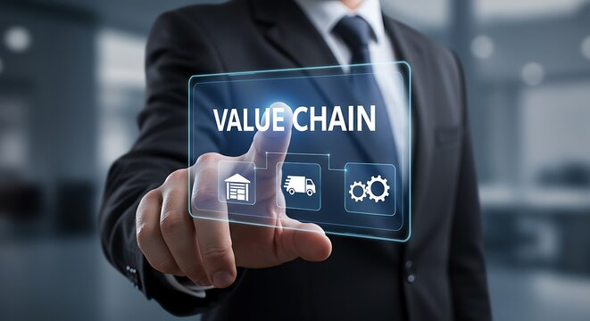 Businessman touching digital screen with value chain diagram
