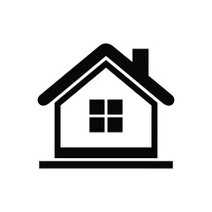 Simple black and white icon of a house with a chimney and window