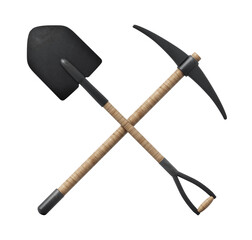 Shovel and pick axe on transparent background. 3D illustration