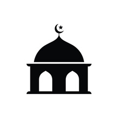 Simple black silhouette icon of a mosque with crescent moon and star