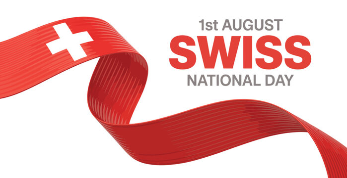 Swiss National Day banner with curved red ribbon and white cross emblem, bold 1st August typography, celebrating heritage, unity, and pride - Powered by Adobe