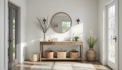 Obraz premium Elegant entryway with console table, mirror, and decor creating a welcoming vibe