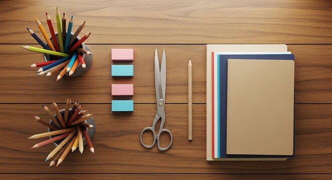 Overhead shot of art supplies including pencils erasers scissors and notebooks on wooden surface