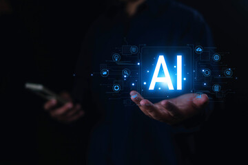 Businessman using smartphone with technology AI, An virtual icon displayed in front of him screen,...