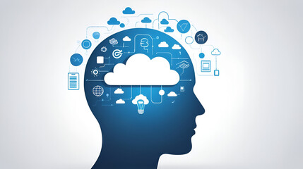 Symbolic representation of cognitive processes in a minimalist style demonstrating reflective thinking through the silhouette of a head with a cloud depicting creative thoughts and ideas