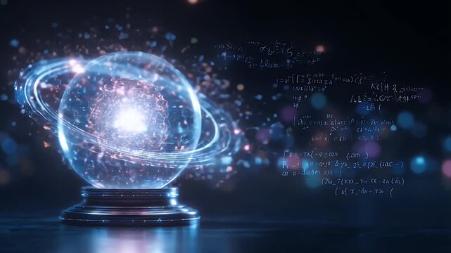 AI core floating inside glass sphere, surrounded by orbiting light particles and math equations